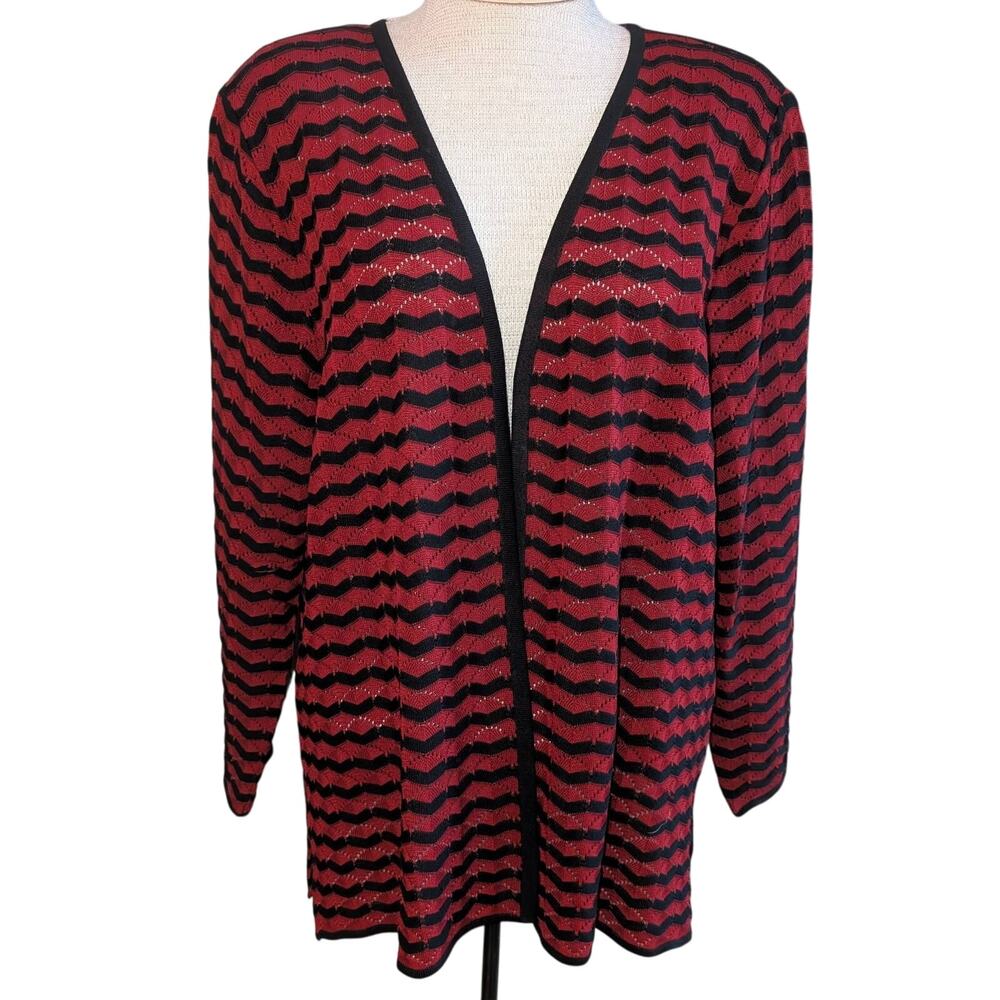 Womens Exclusively Misook Striped Zigzag Open Front Cardigan Red Black Size XL